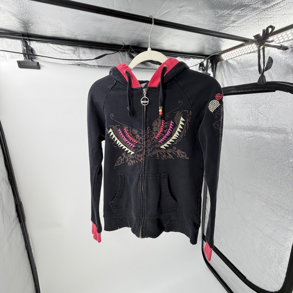 Y2K Volcom Womens Black Pink Graphic Zip Up Hoodie Y2K Butterfly Skate